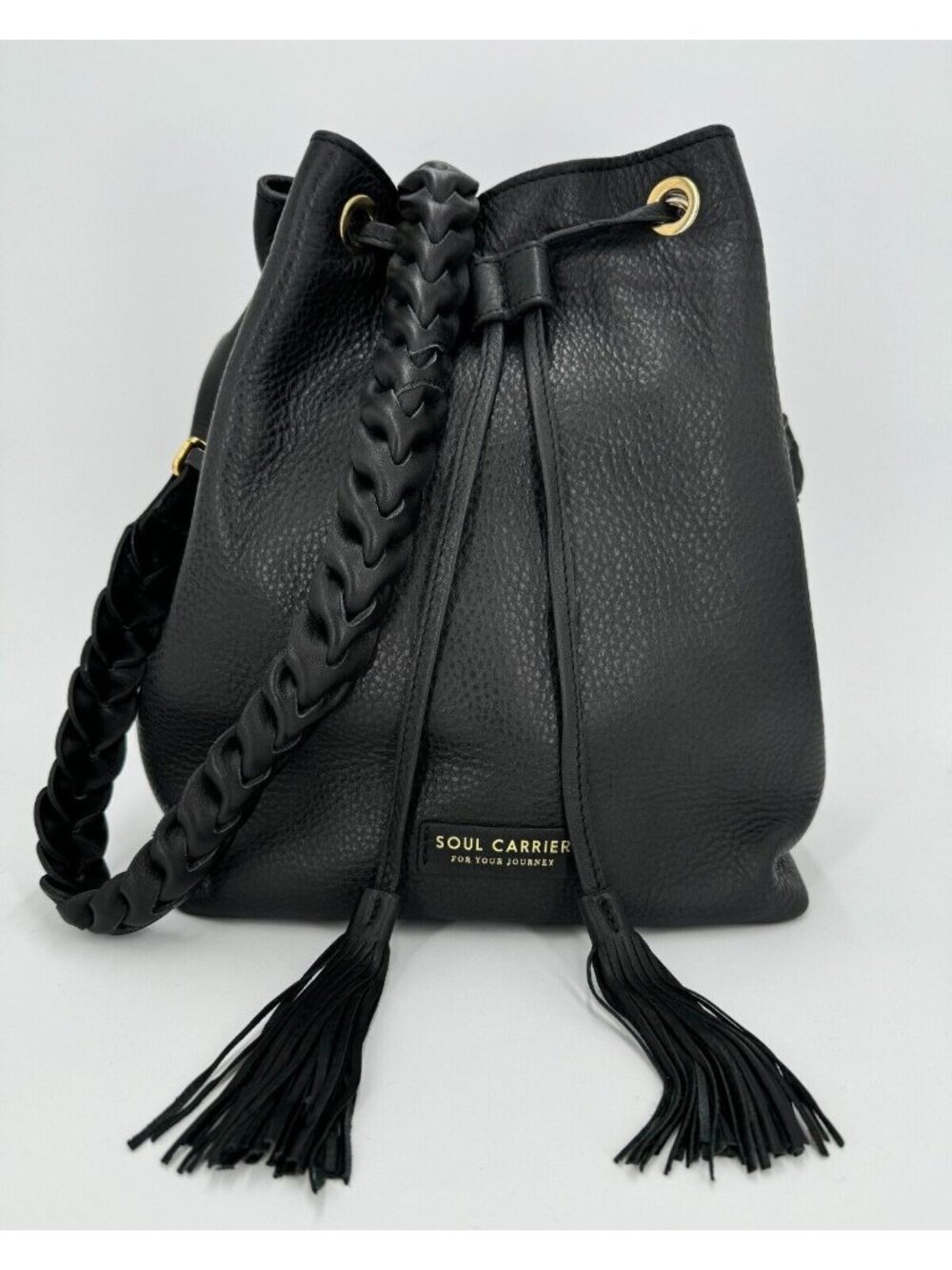 Soul Carrier Black Full-Grain Leather Bucket Bag with Braided Shoulder Strap